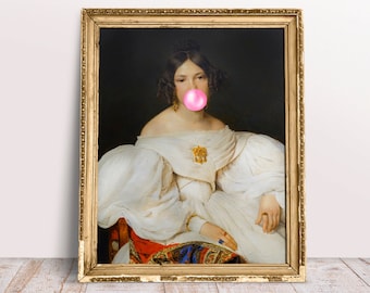 ロココ調の風船ガムを吹く女性の絵画 - フランスのヴィンテージ肖像画