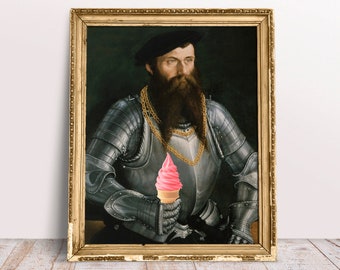 Funny altered art, Vintage portrait Man in Armor with Pink ice cream poster, Knight Baroque oil painting, Quirky Download Printable