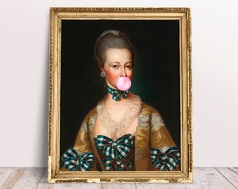 Bubblegum art, Altered art print, Maria Elisabeth of Austria blowing Pink Bubble gum poster, Printable wall art, Digital Download, Funny art