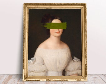 Altered art print, Lady in White Dark Green Brush Stroke, Fine art poster, Rococo art Destroyed Defaced portrait, Digital Download Printable