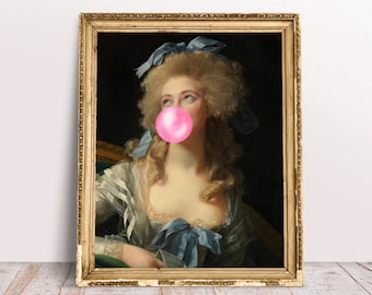 Pink Bubble gum poster Blowing Alter art portrait Madame Grand, Rococo Vintage, French Rococo oil painting, Baroque Download Printable