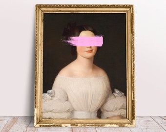 Altered art print, Lady in White Pastel Pink Brush Stroke, Funny poster, Rococo oil painting, Baroque vintage, Digital Download Printable