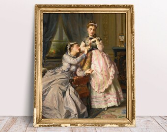 Grappige gewijzigde kunstprint, zusters met koffiekopje, Frans Rococo vintage olieverfschilderij, digitale download afdrukbaar, drinkkeukenposter