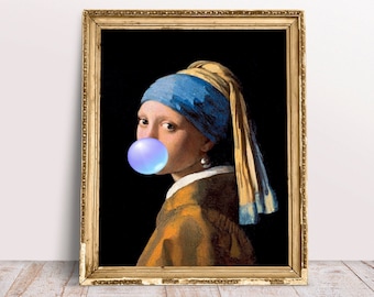 Girl with Pearl Earring blowing Blue Bubble gum poster, Alter art, Baroque Download Printable, Renaissance painting, Vintage Woman portrait