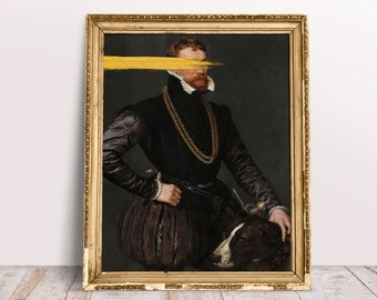 Gold Alter Art Portrait of a Gentleman and Hunting Dog Download Printable, Digital art Vintage oil painting, Renaissance poster Regency home