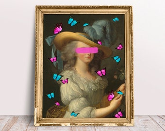 Arte alterado Retrato de MARÍA ANTONIA con MARIPOSAS rosas y azules, Vintage rococó, Descarga barroca imprimible, Arte de dormitorio femenino