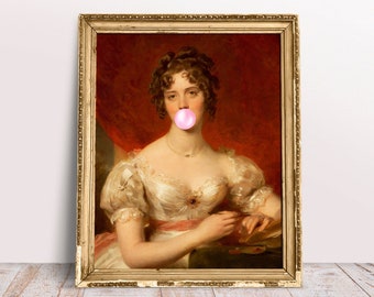 Lady Mary Anne blowing Pink Bubble Gum, Funny vintage portrait, Altered art print, Digital Download Printable, Rococo bubblegum art