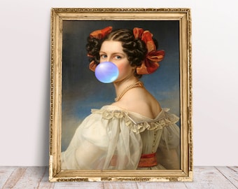 ロココ調の風船ガムを吹く女性の絵画 - フランスのヴィンテージ肖像画