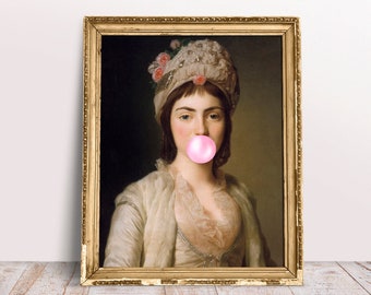Principessa Moldava che soffia gomma da masticare rosa, divertente rinascimento vintage, ritratto artistico alterato, download digitale stampabile, stampa di gomma da masticare