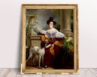 Stampa artistica alterata, Lady Alida che soffia poster Pink Bubble Gum, divertente arte da parete vintage, download digitale stampabile, arte da parete di gomma da masticare