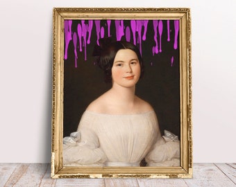 Lady in White Dress Defaced Purple Paint Bloopers poster, Funny Altered art print, Rococo art, Vintage portrait, Digital Download Printable