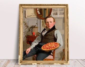 Divertente stampa artistica alterata, pittore di ritratti vintage con poster di pizza calda, download digitale stampabile, stampa di cibo da cucina, arte della parete della pizza