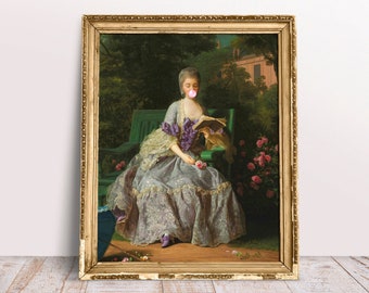 Reading Marie Therese with Pink Bubble Gum, Funny vintage Altered art portrait, Pink print, Digital Download Printable, Rococo oil painting
