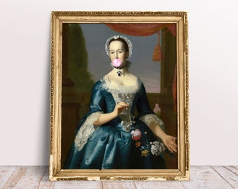 Lady Ann Bowler blowing Pink Bubble Gum, Funny vintage Altered art portrait, Digital Download Printable, Rococo painting, Bubble gum print