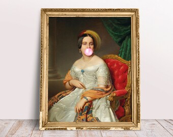 Lady Louise soffia la stampa di gomma da masticare rosa, poster d'arte divertente alterato, arte della parete vintage, download digitale stampabile, arte della parete di gomma da masticare