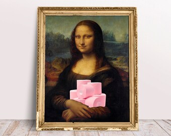 Mona Lisa with Pink Toilet Papers poster, Altered Art print, Renaissance Digital Download Printable, Funny Bathroom wall art