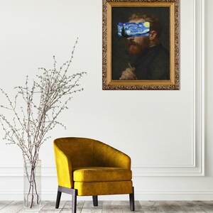 Van Gogh portrait with Starry Night covering eyes, funny altered art print, vintage painting with modern surreal twist