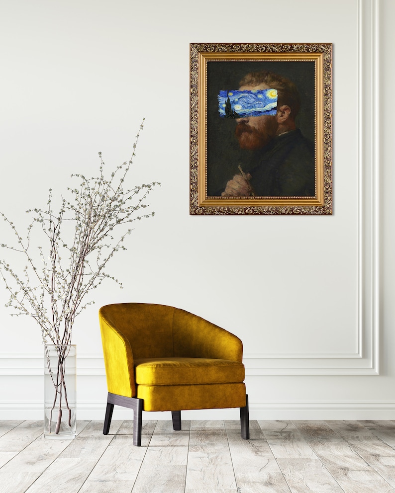 Van Gogh portrait with Starry Night covering eyes, funny altered art print, vintage painting with modern surreal twist