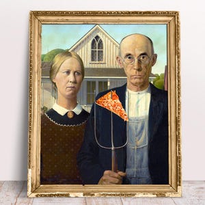 American Gothic with Pizza poster, Altered art print, Cool Fast Food poster, Funny Kitchen art, Digital Download Printable, Gift for Cook
