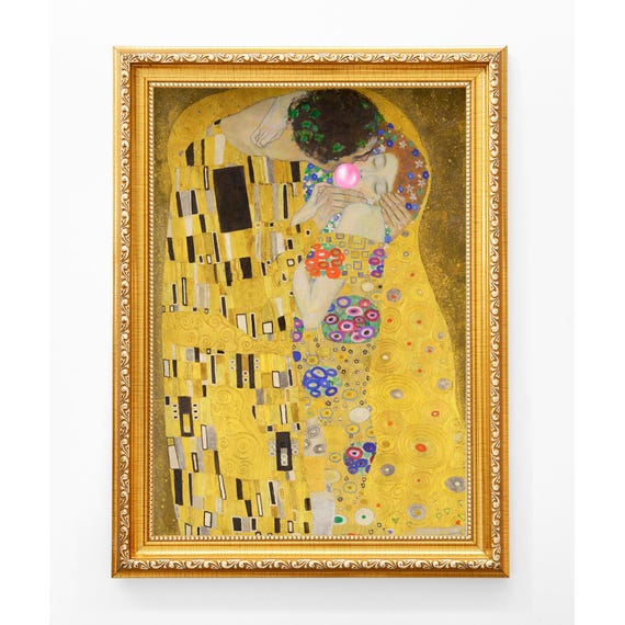 The Kiss Gustav Klimt Altered Art Print, Pink Bubble Gum (digital