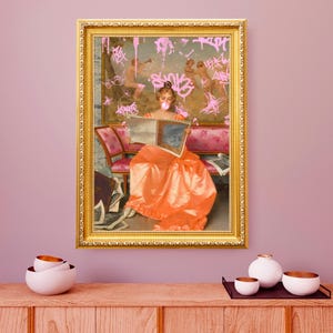 Reading Lady blowing Pink Bubble Gum with Pink Graffiti, Funny vintage Altered art print, Digital Download Printable, Rococo art, Street art image 1