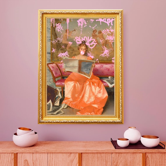 Reading Lady blowing Pink Bubble Gum with Pink Graffiti, Funny vintage Altered art print, Digital Download Printable, Rococo art, Street art