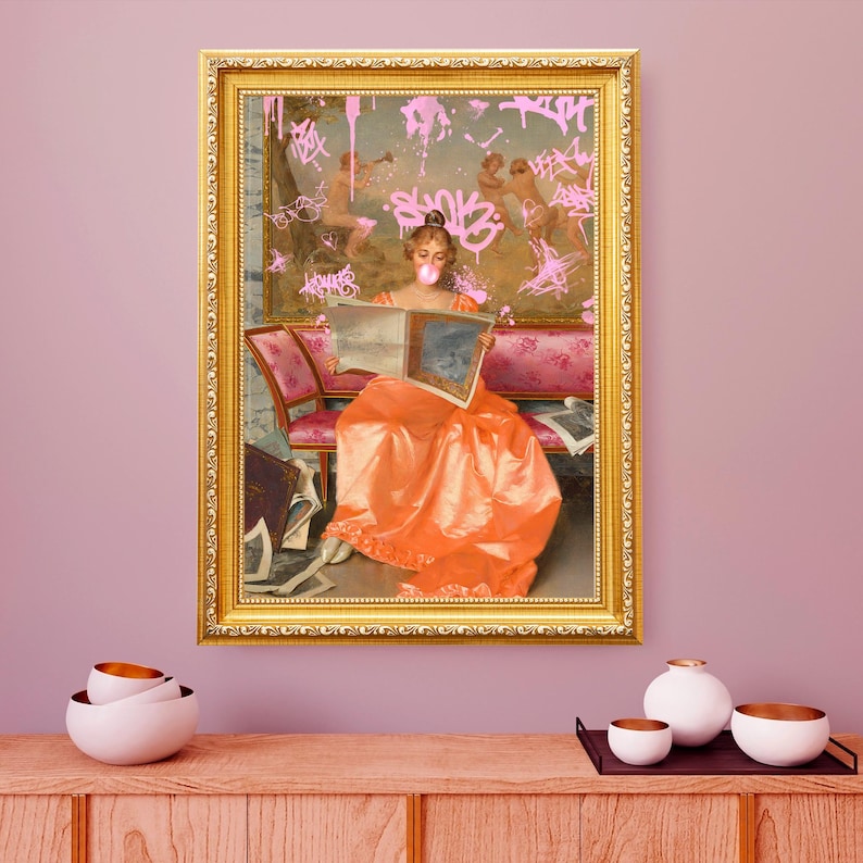 Reading Lady blowing Pink Bubble Gum with Pink Graffiti, Funny vintage Altered art print, Digital Download Printable, Rococo art, Street art image 1