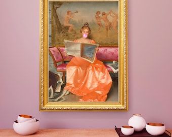 Reading Lady blowing Pink Bubble Gum, Altered vintage art portrait, Pink print, Rococo oil painting (Digital Download)