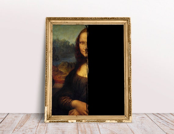 Mona Lisa Black Destroyed Altered Art, Digital Download print, Funny Modern Renaissance painting, Classic art print, Defaced poster
