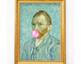 Autorretrato divertido de Van Gogh con chicle, impresión artística alterada (descarga digital)