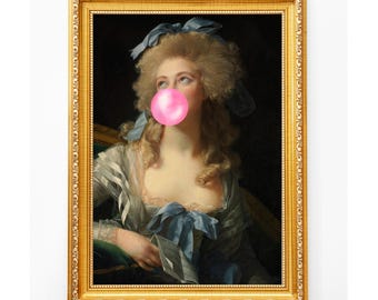 ロココ調の風船ガムを吹く女性の絵画 - フランスのヴィンテージ肖像画