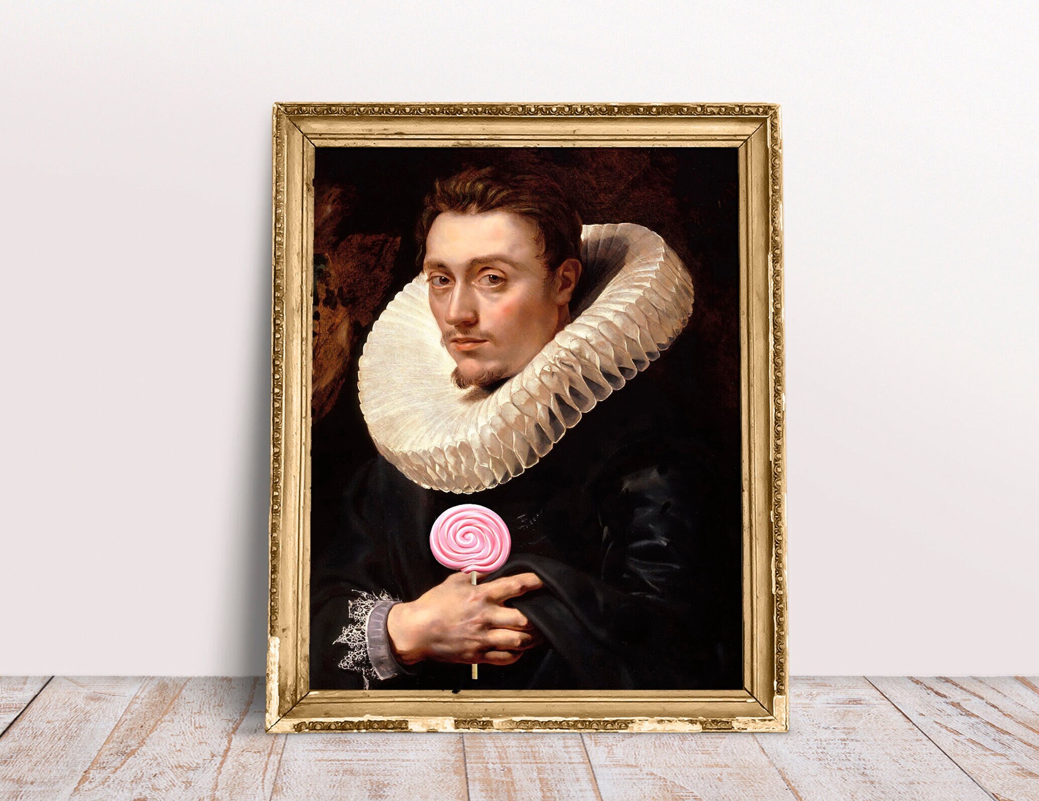 Funny altered art, Pink Lollipop with vintage portrait Man poster, Baroque oil painting, Quirky Download Printable, Regency decor