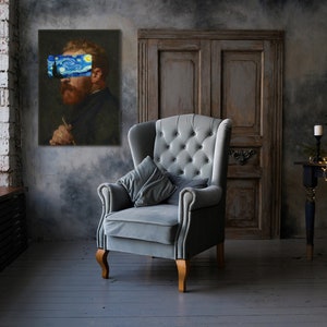 Van Gogh portrait with Starry Night covering eyes, funny altered art print, vintage painting with modern surreal twist