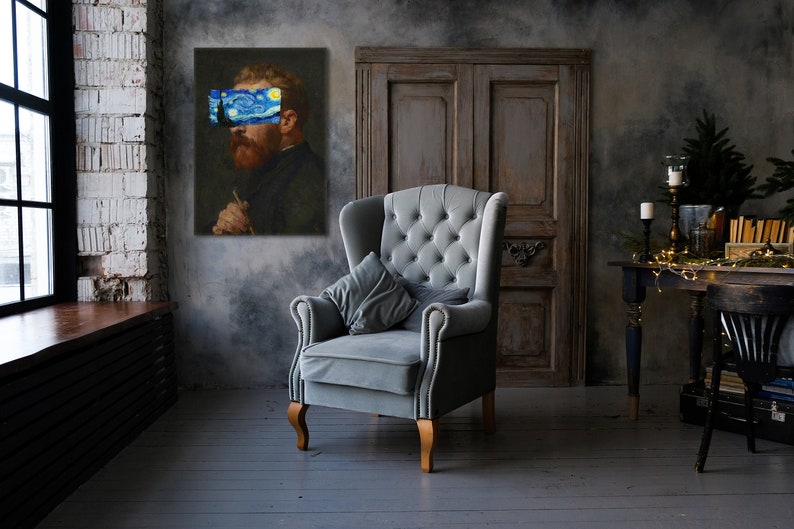 Van Gogh portrait with Starry Night covering eyes, funny altered art print, vintage painting with modern surreal twist
