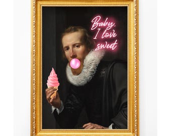 Funny Altered Art Print, Vintage Man with Ice Cream, Pink Quote Wall Art, Digital Download
