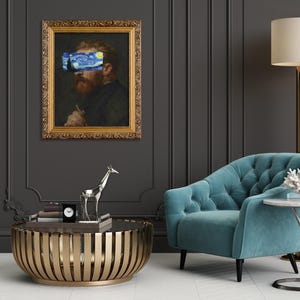 Van Gogh portrait with Starry Night covering eyes, funny altered art print, vintage painting with modern surreal twist