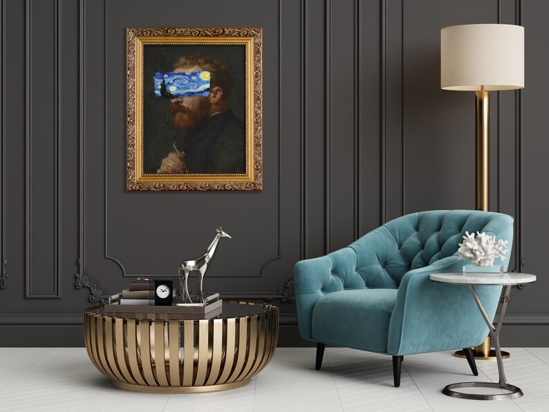 Van Gogh portrait with Starry Night covering eyes, funny altered art print, vintage painting with modern surreal twist