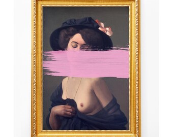 Altered Art Portrait Print, Woman with Black Hat, Pink Brushstroke (Digital Download)