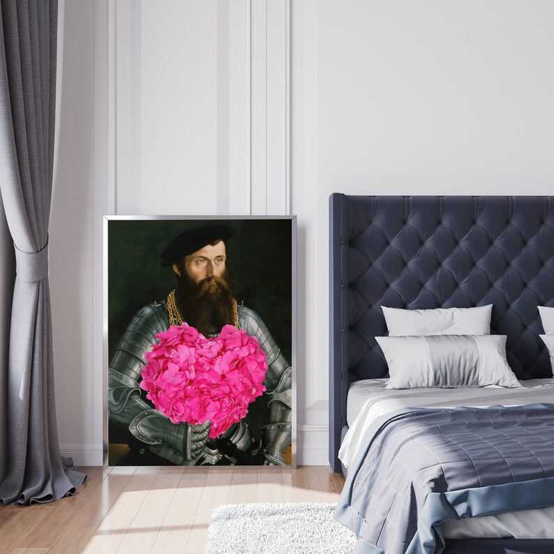 May include: A framed portrait of a man in armor holding a large pink heart-shaped bouquet of flowers.