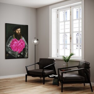 May include: A painting of a man in armor holding a large pink heart-shaped bouquet of flowers. The painting is hanging on a gray wall in a room with two black leather chairs and a floor lamp.