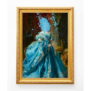 May include: A framed print featuring a portrait of a woman in a blue gown, with a splash of blue paint obscuring the face. The frame is gold, and the artwork has a vintage aesthetic.
