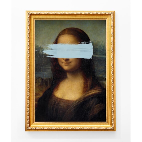 Mona Lisa Altered Art Print, Pastel Blue Brushstroke Portrait