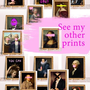 May include: A collage of 14 framed art prints featuring famous paintings with a modern twist. Each print features a pink bubble gum, a pink brushstroke, or a pink text overlay. The prints include famous paintings such as the Mona Lisa, American Gothic, and Girl with a Pearl Earring. The text on one of the prints reads "Good Vibes Only".