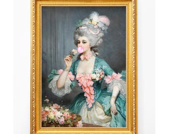Altered Vintage Portrait Print – Elegant Lady Blowing Bubble Gum, Rococo Style Wall Art (Digital Download)