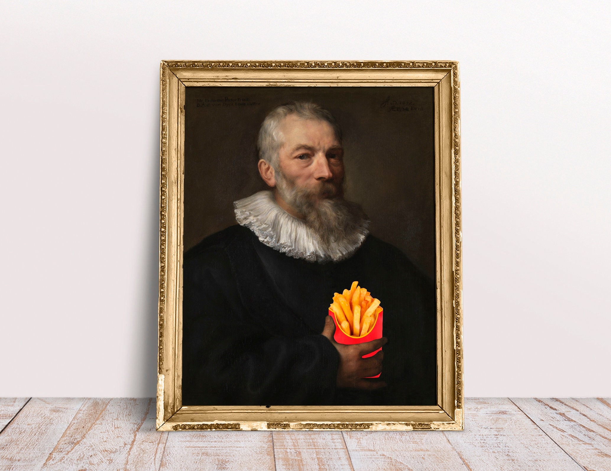 Funny altered art, Vintage portrait Painter with French Fries poster, Baroque painting, Digital Download Printable, Food print Kitchen art