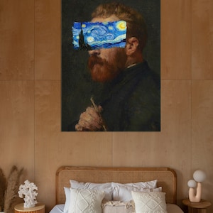 Van Gogh portrait with Starry Night covering eyes, funny altered art print, vintage painting with modern surreal twist