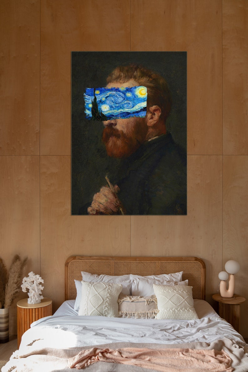 Van Gogh portrait with Starry Night covering eyes, funny altered art print, vintage painting with modern surreal twist