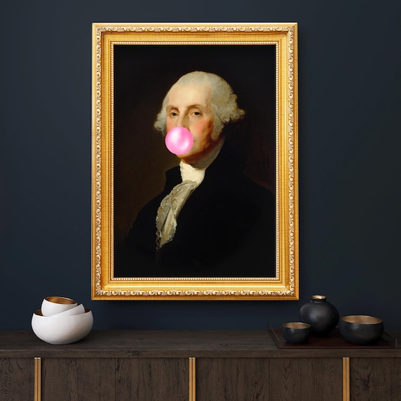 Funny George Washington Bubble Gum Portrait, Altered Vintage Art