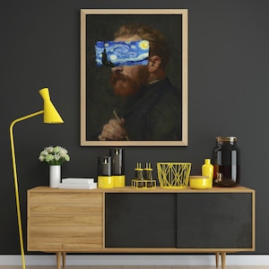 Van Gogh portrait with Starry Night covering eyes, funny altered art print, vintage painting with modern surreal twist