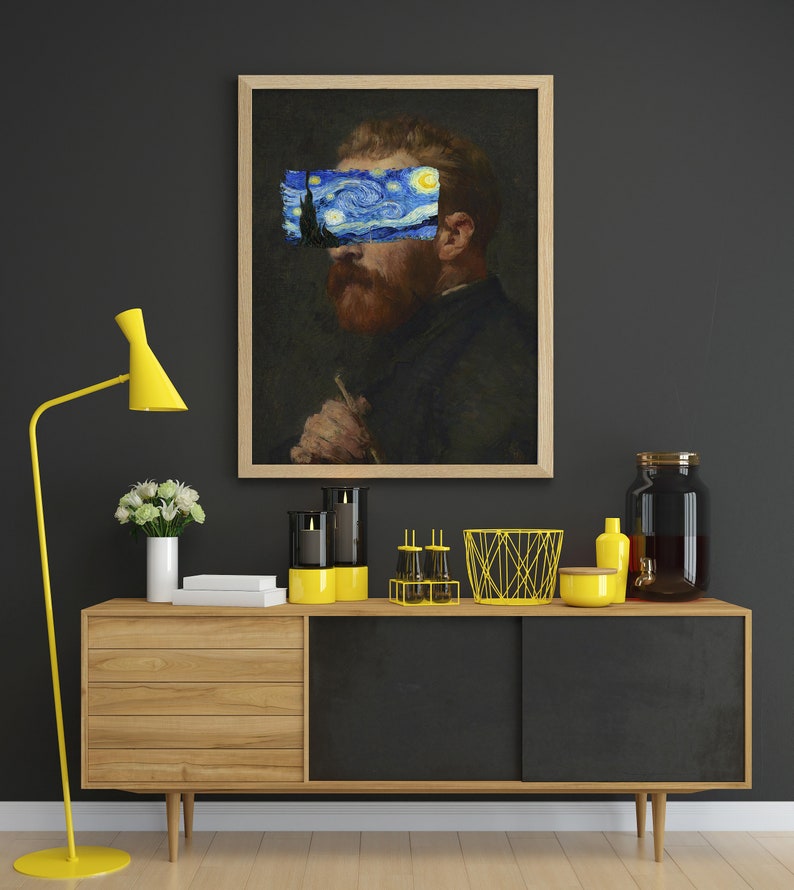 Van Gogh portrait with Starry Night covering eyes, funny altered art print, vintage painting with modern surreal twist